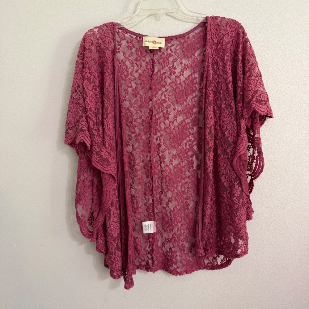Lace Kimono Cardigan Sheer Open Front Magenta Pink Floral Medium Boho Festival